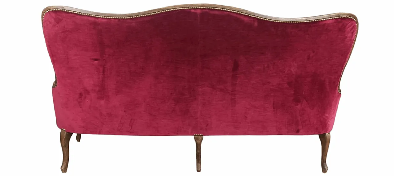 Divano in velluto rosso e noce, primo '900 3