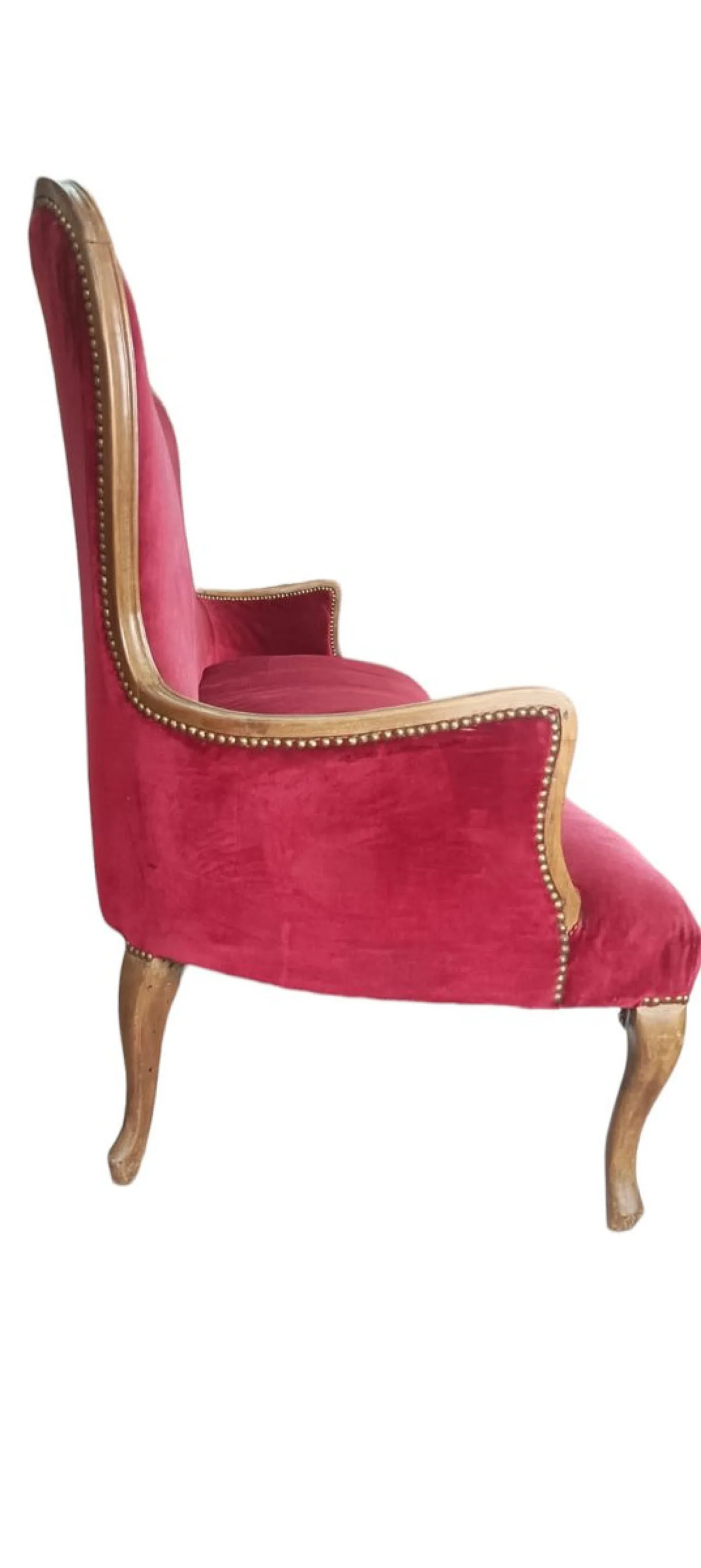 Divano in velluto rosso e noce, primo '900 4