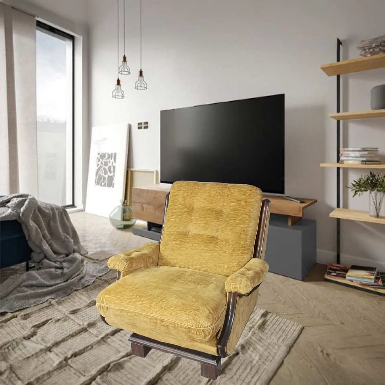 Poltrona in velluto giallo e legno, anni '60 1