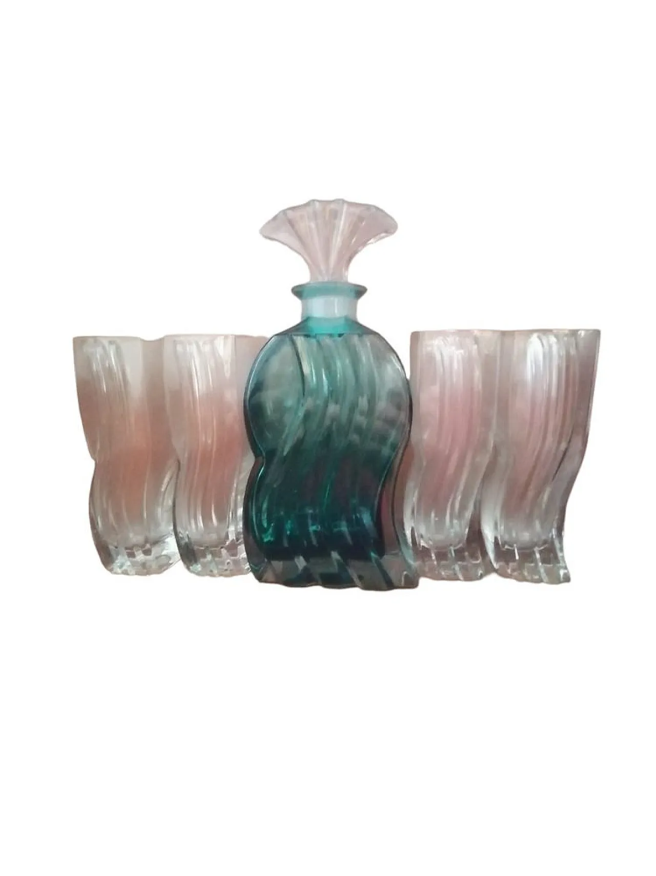 Bottiglia con 4 bicchieri con disegno ad onde di Murano, anni '70 1