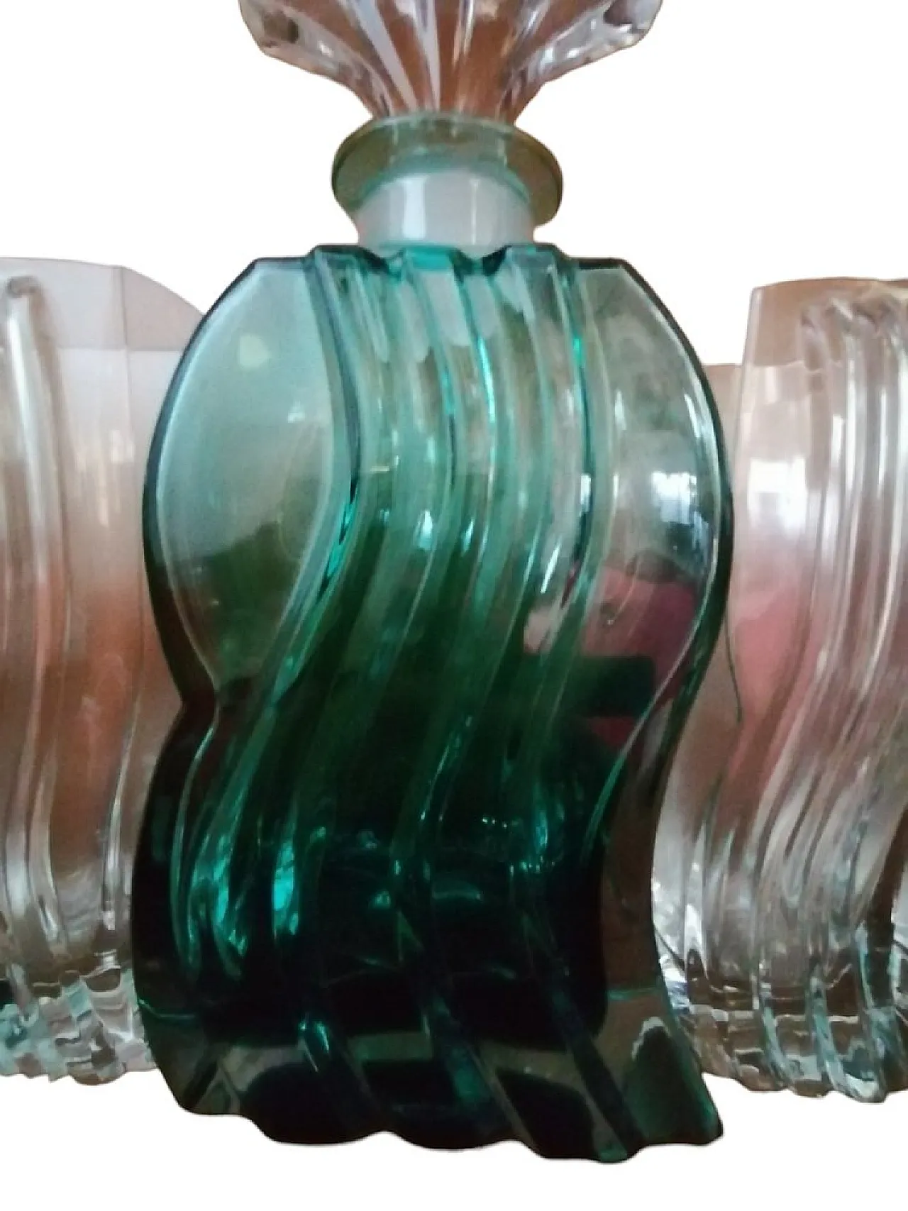 Bottiglia con 4 bicchieri con disegno ad onde di Murano, anni '70 2