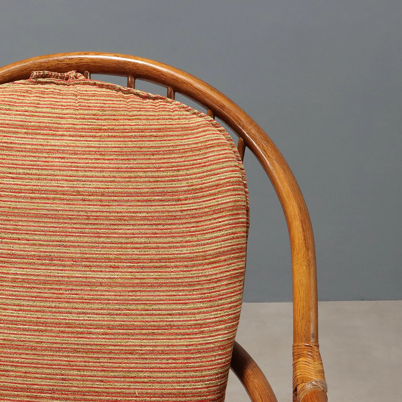 Coppia di poltrone girevoli in bambù, rattan e tessuto, '900 7