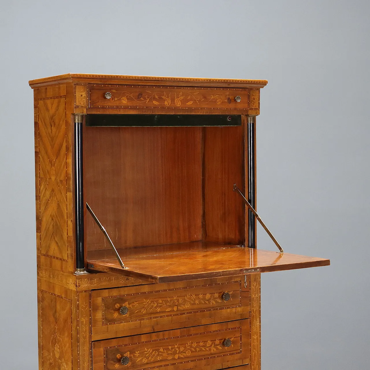 Secretaire stile Impero lastronato in noce con intarsi in acero, '900 3