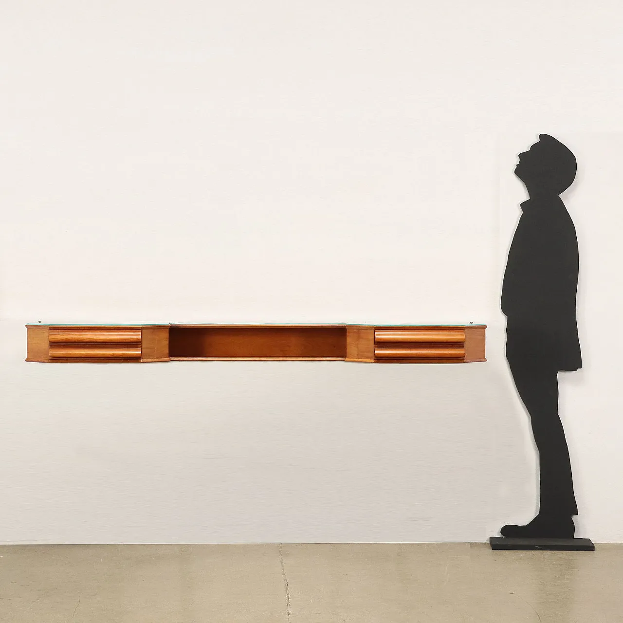 Consolle a parete in acero impiallacciato con piano in vetro, anni '60 2