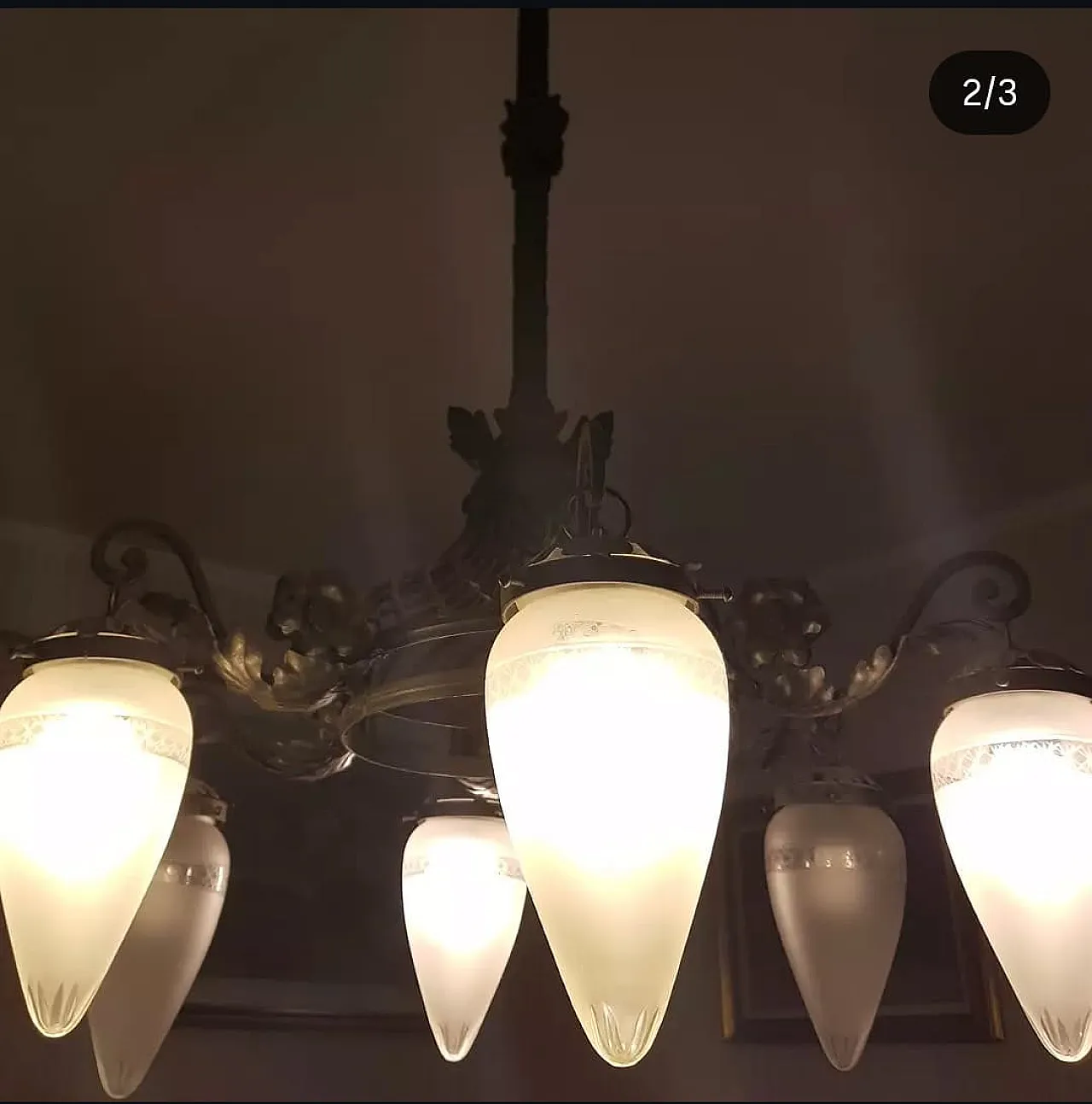 Chandelier in Bronze and Satin Glass, Liberty, 50s 1