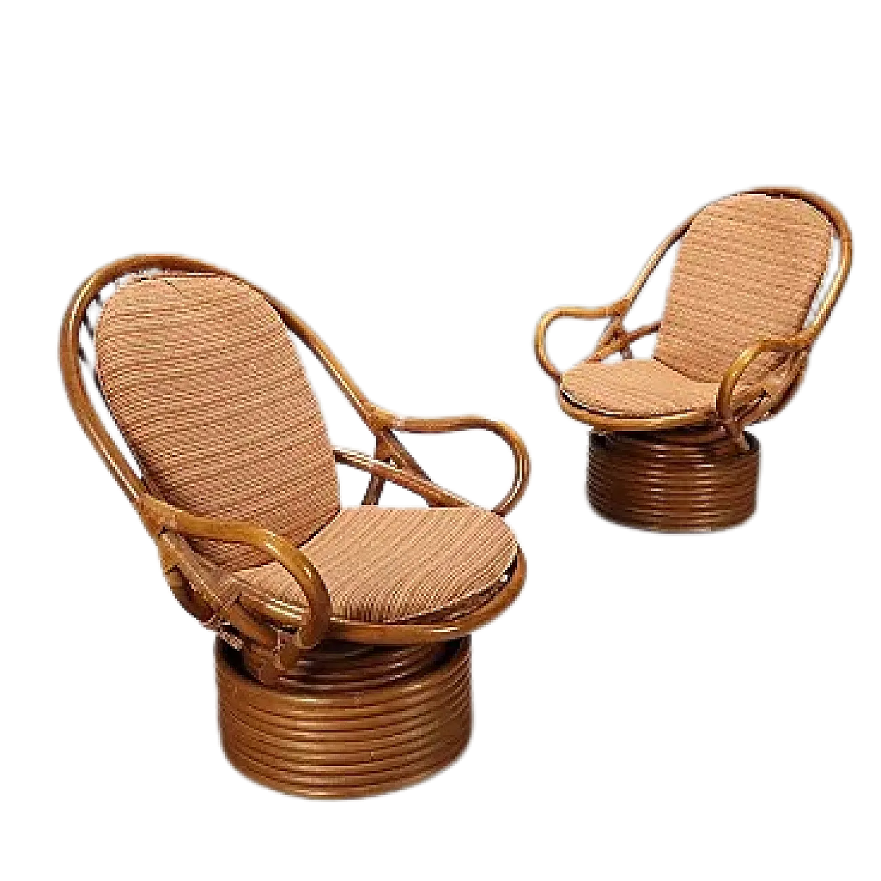 Coppia di poltrone girevoli in bambù, rattan e tessuto, '900 12