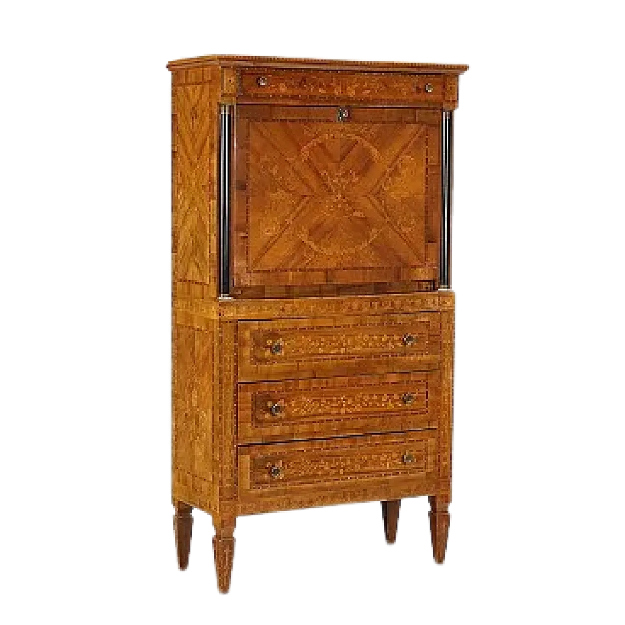 Secretaire stile Impero lastronato in noce con intarsi in acero, '900 12