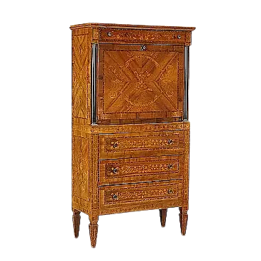 Secretaire stile Impero lastronato in noce con intarsi in acero, '900