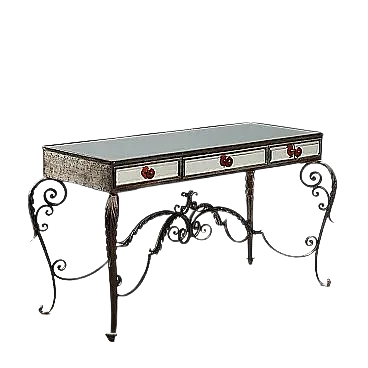 Consolle in ferro con tre cassetti e uno specchio bisellato, '900