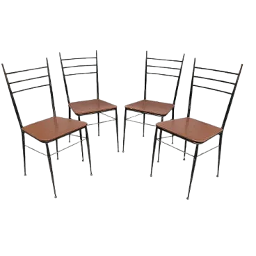 4 Sedie in metallo e similpelle marrone, metà '900