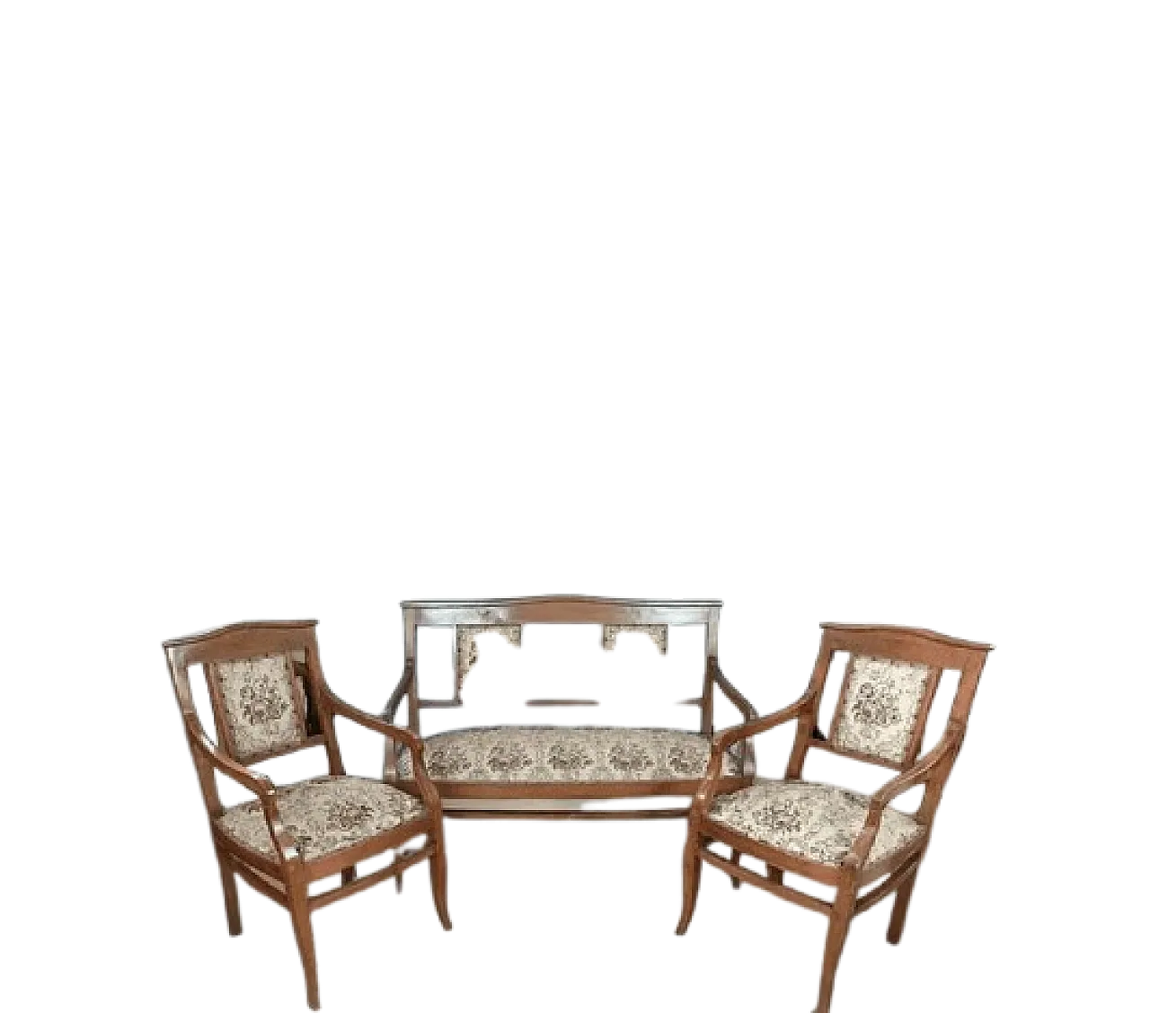 Divano con due poltrone da salotto in legno e tessuto, metà '900 11