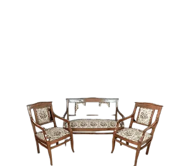 Divano con due poltrone da salotto in legno e tessuto, metà '900