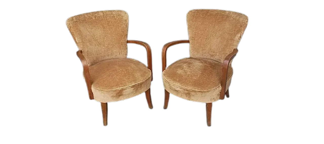 Coppia di poltrone da letto in velluto beige, anni '50 9