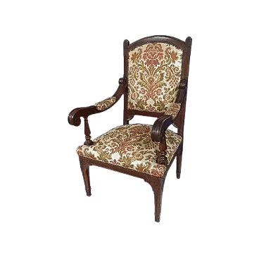 Poltrona damascata in legno intagliato, anni '40