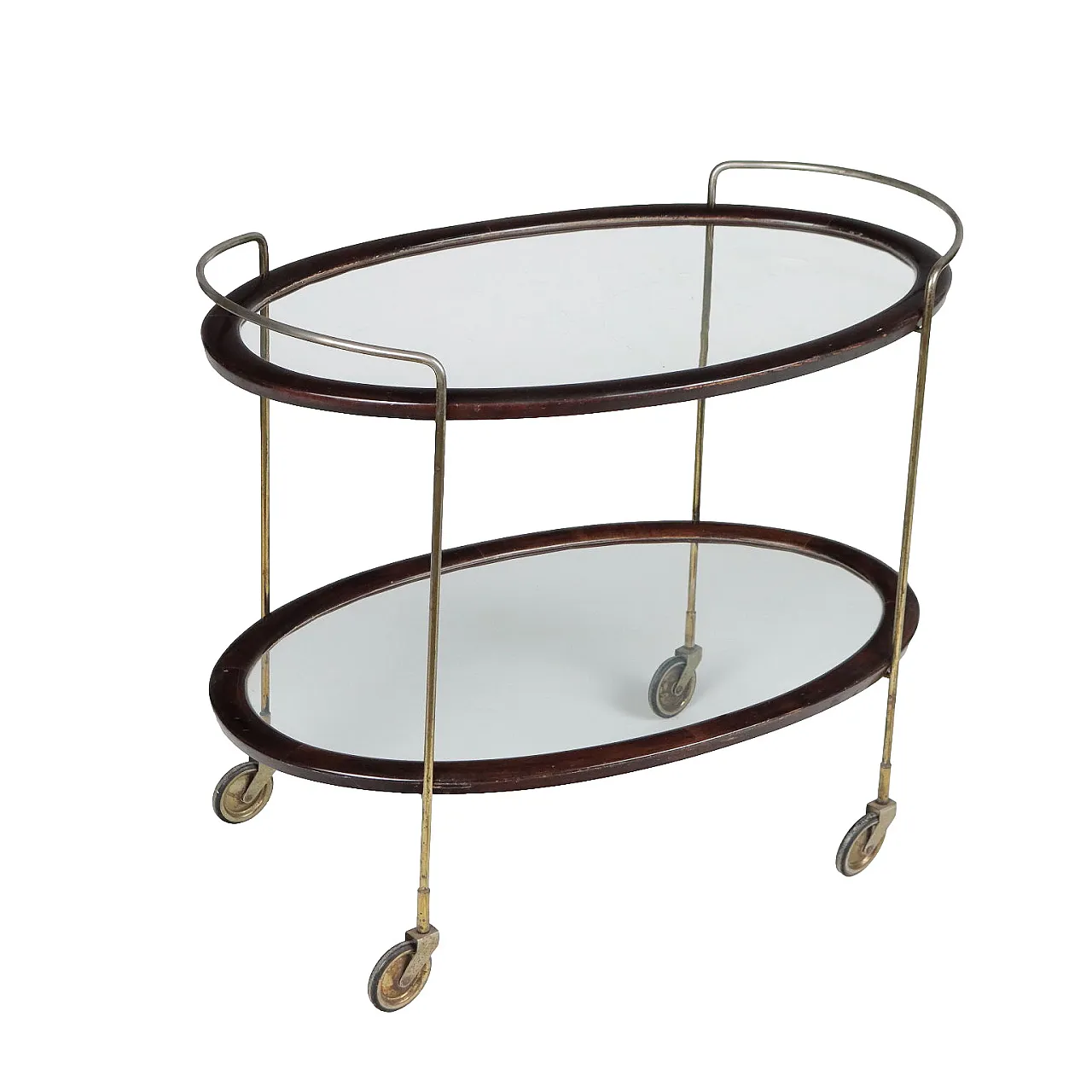 Carrello bar ovale in legno tinto ebano e vetro, anni '50 1