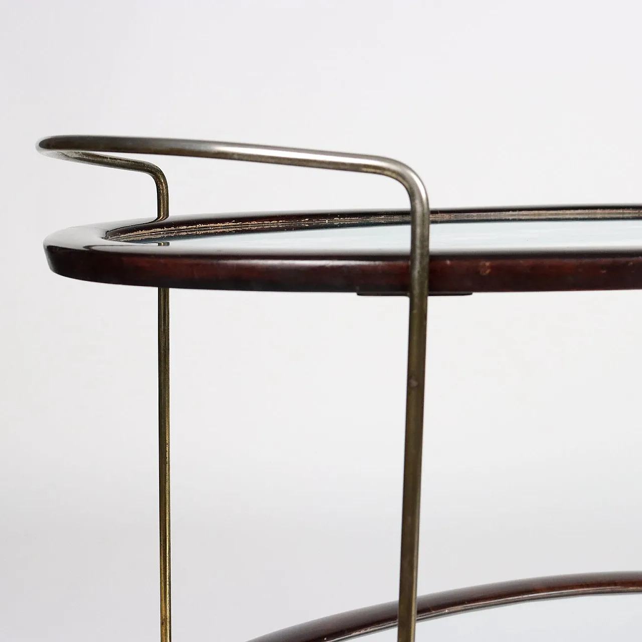 Carrello bar ovale in legno tinto ebano e vetro, anni '50 7