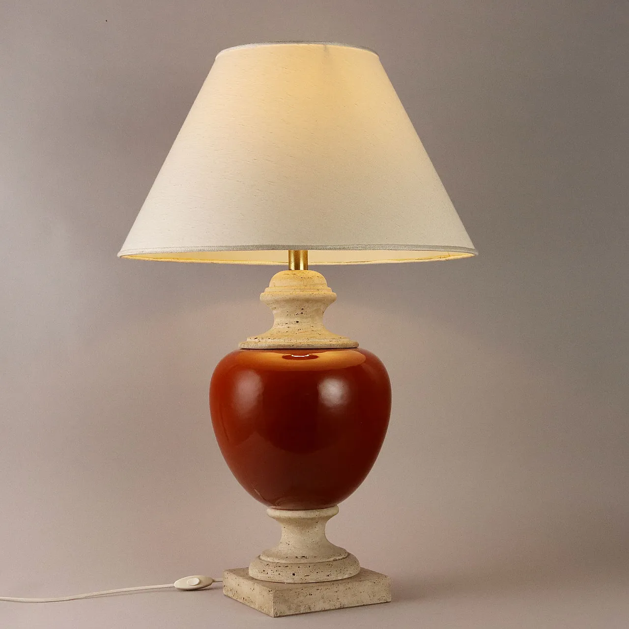 Lampada in travertino e ceramica, fine '900 1