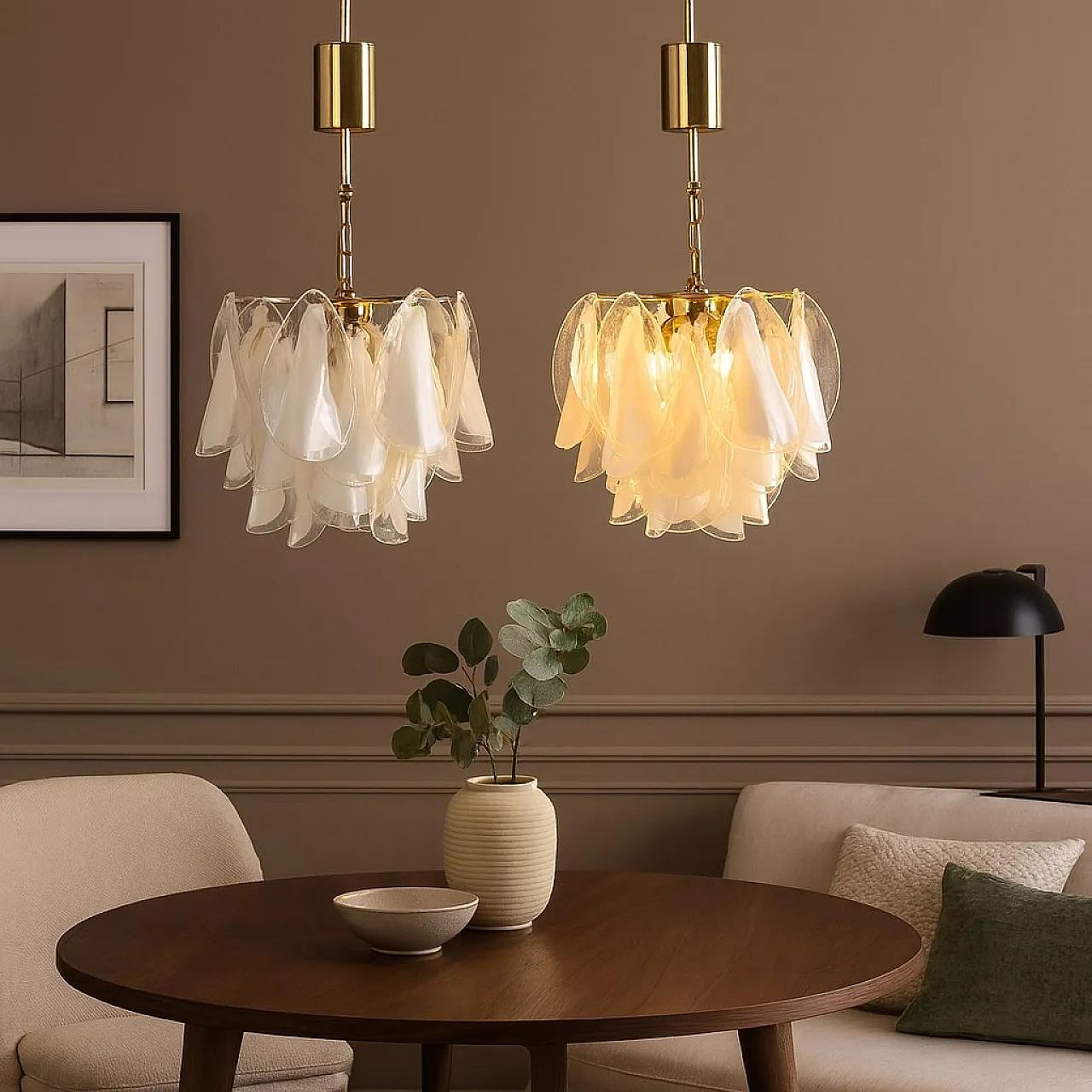 Pair of lamps in gold-plated metal and Murano glass, 20th century 2