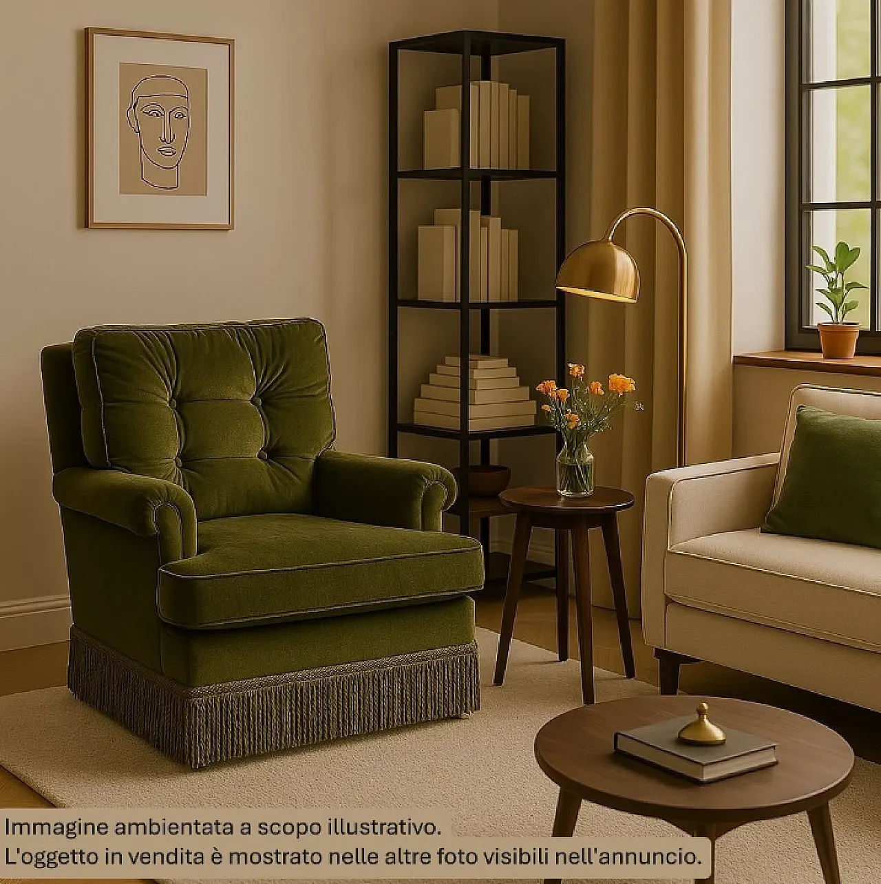 Olive green armchair, feather padding, 60s 1