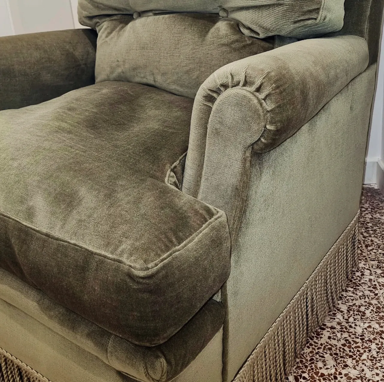 Olive green armchair, feather padding, 60s 6