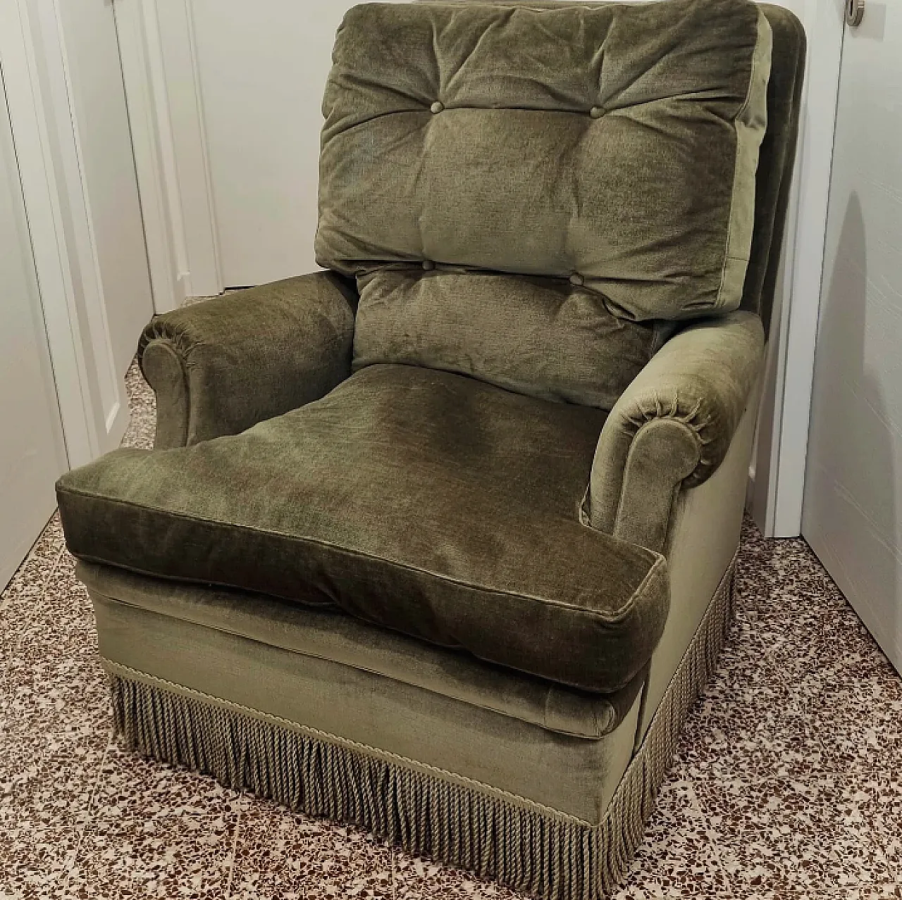 Olive green armchair, feather padding, 60s 7