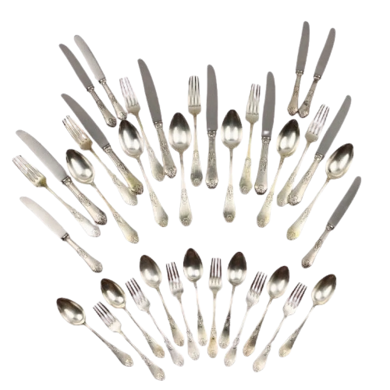 Servizio di posate in argento per sei con motivo in rilievo, '900 10