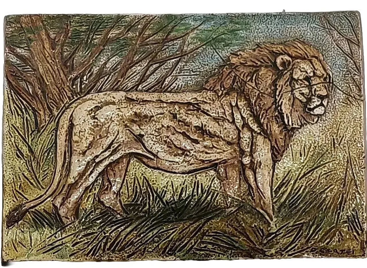 Enameled terracotta by Danilo Cartei depicting a lion, 20th century 1