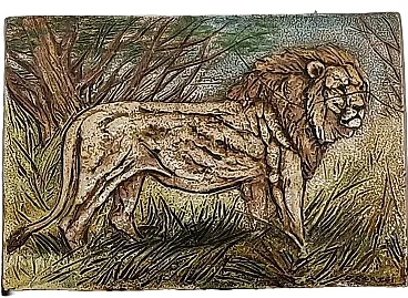 Enameled terracotta by Danilo Cartei depicting a lion, 20th century