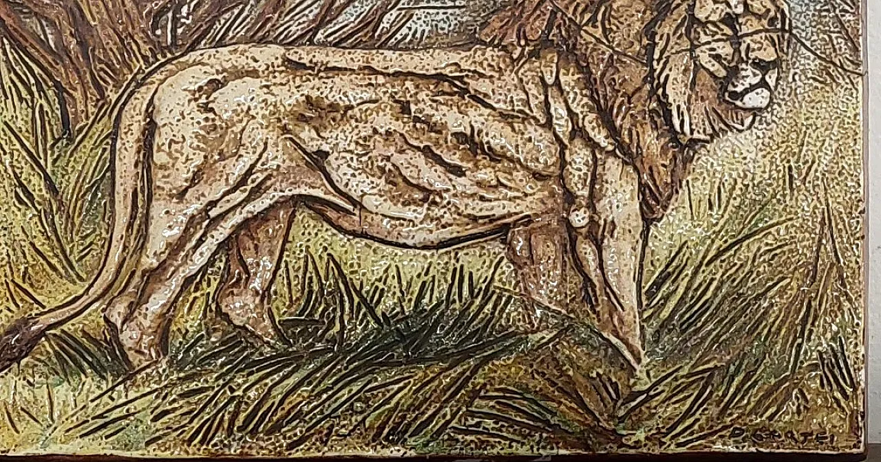 Enameled terracotta by Danilo Cartei depicting a lion, 20th century 3