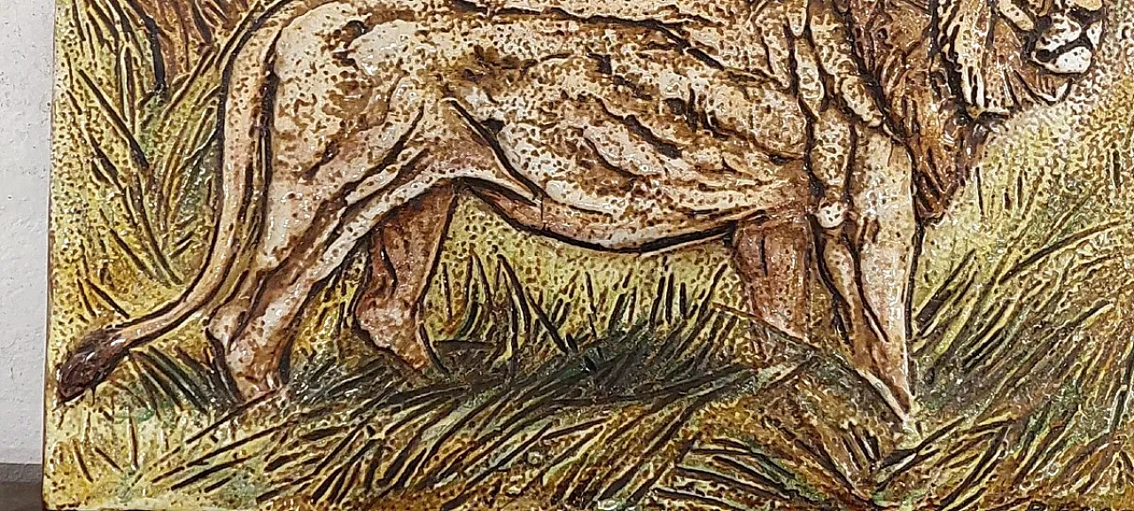 Enameled terracotta by Danilo Cartei depicting a lion, 20th century 5