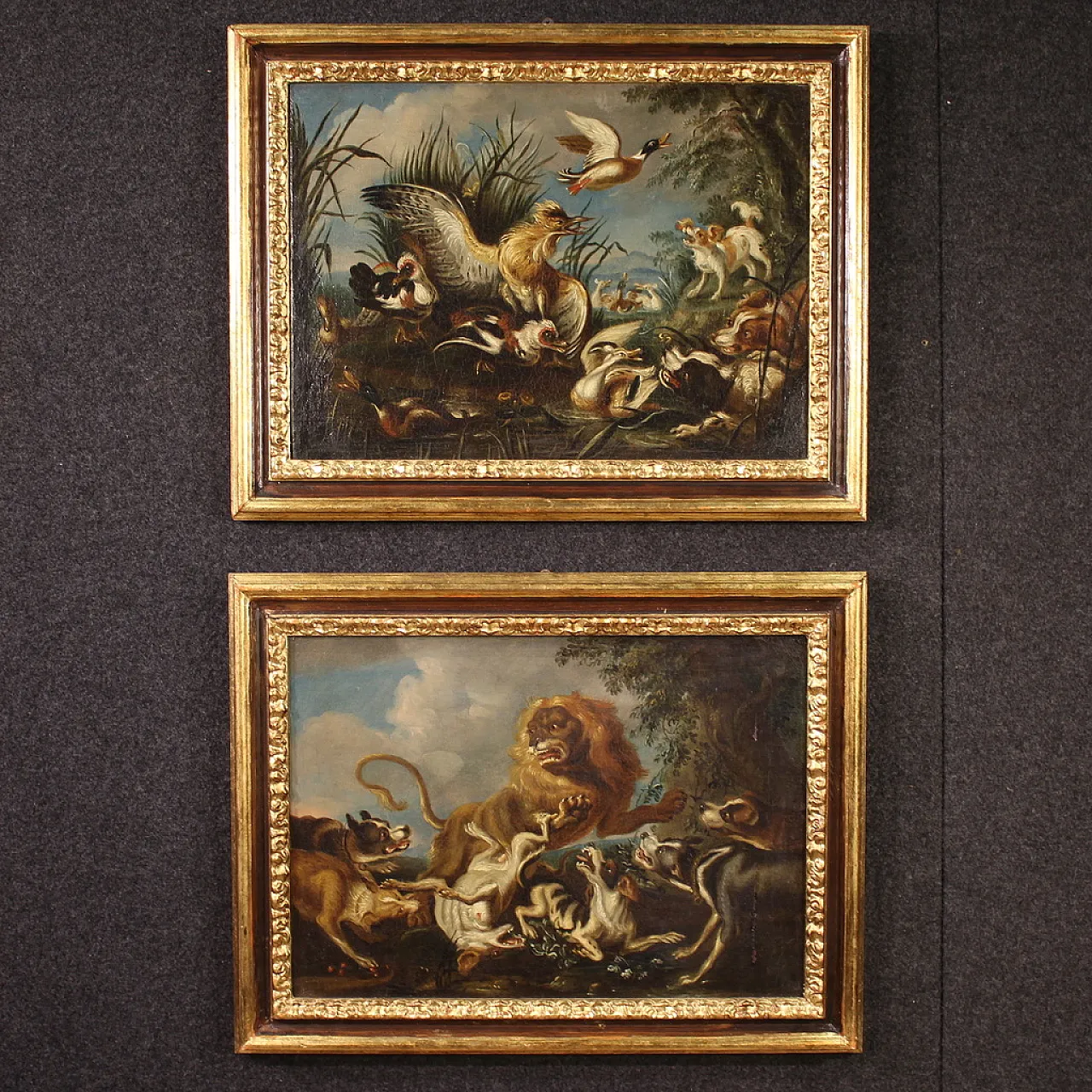 Pair of Flemish paintings, hunting scenes, 18th century, 1