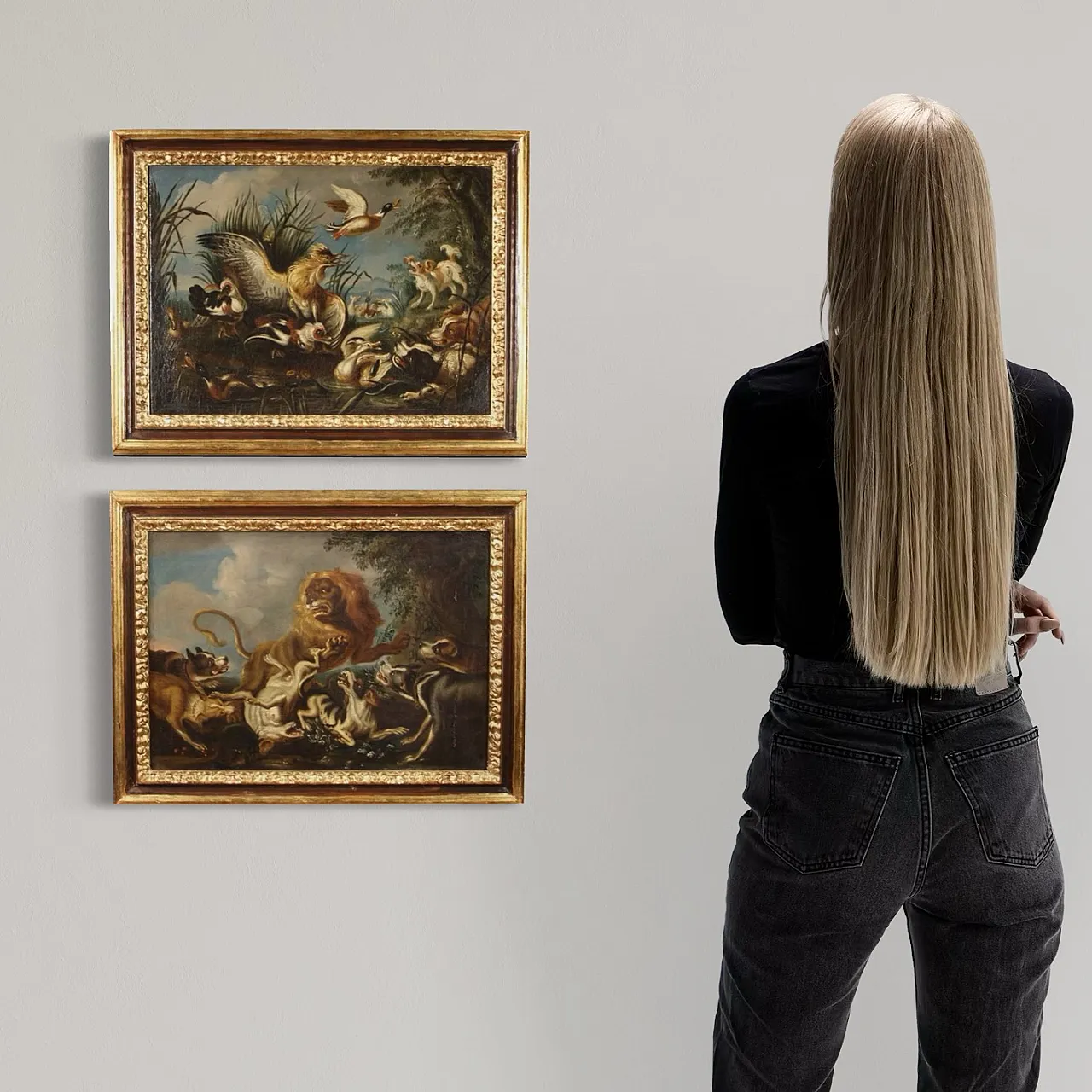 Pair of Flemish paintings, hunting scenes, 18th century, 2