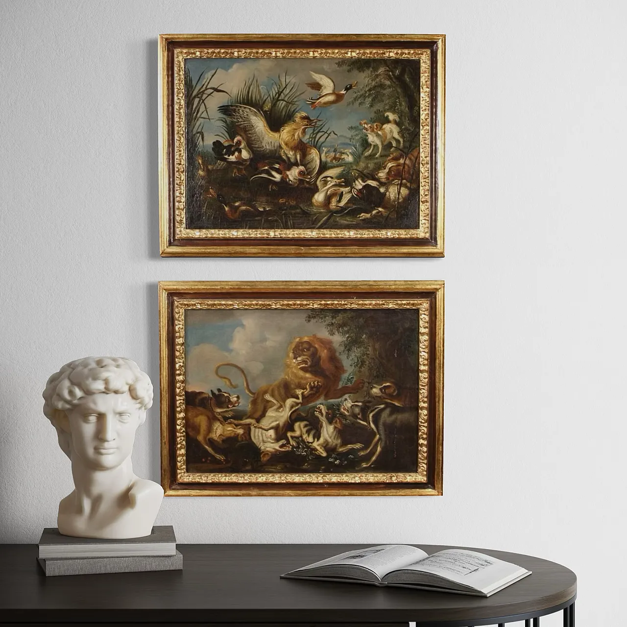 Pair of Flemish paintings, hunting scenes, 18th century, 7