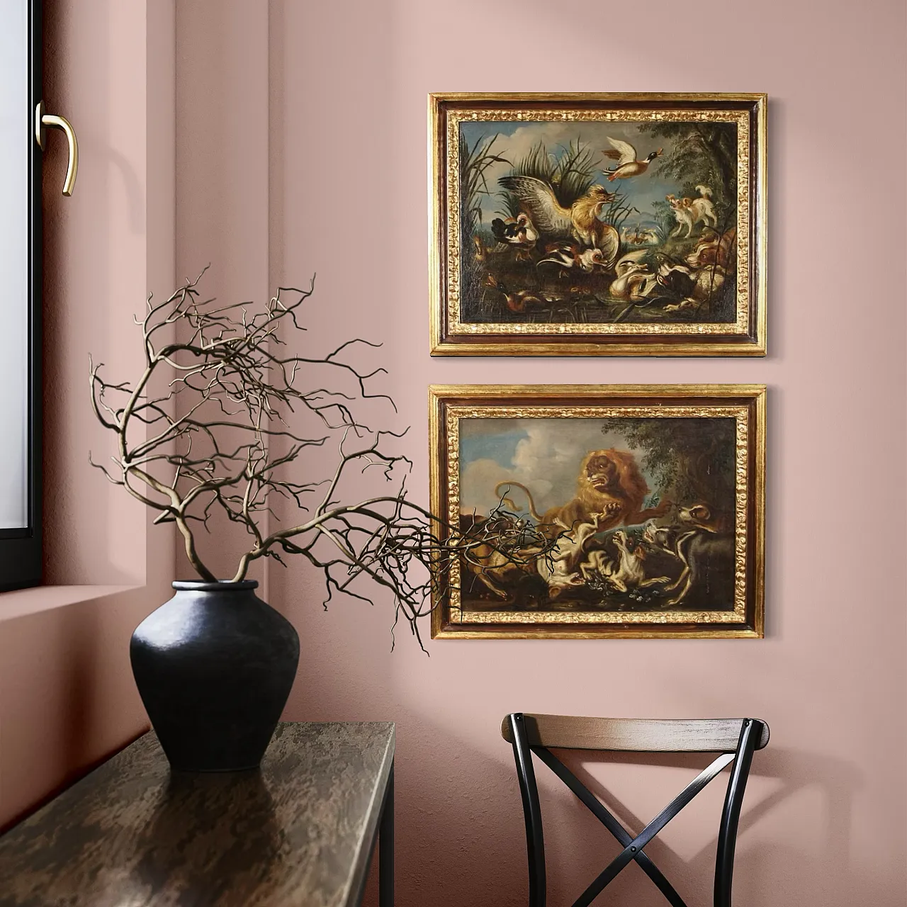 Pair of Flemish paintings, hunting scenes, 18th century, 13