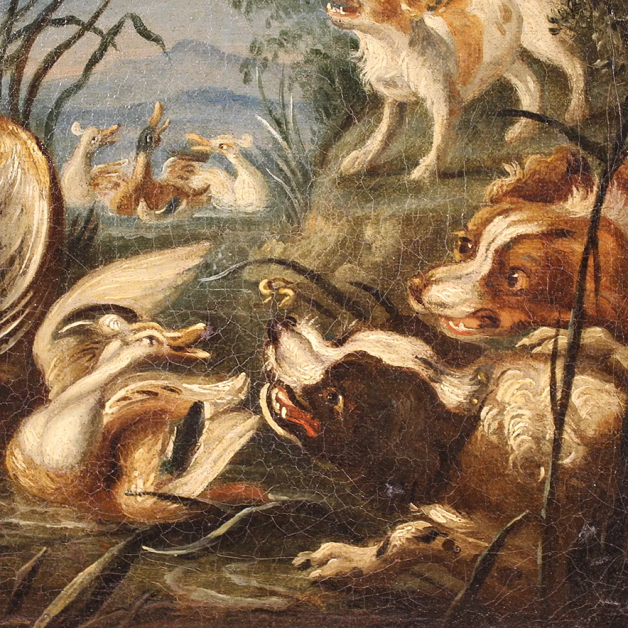 Pair of Flemish paintings, hunting scenes, 18th century, 15