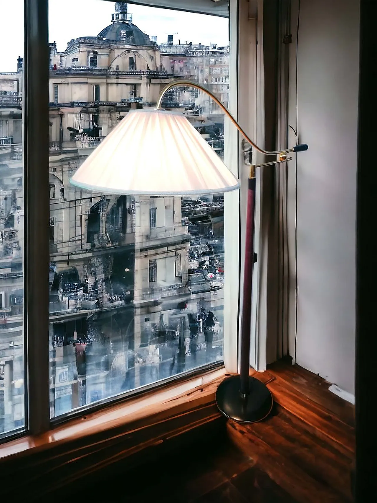 Lampada da terra con braccio regolabile e paralume in tessuto, anni '80 1