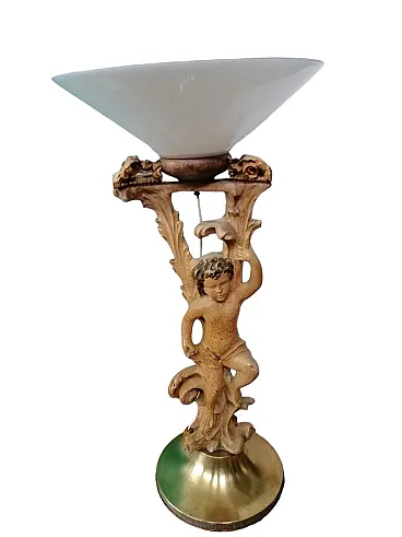 Lampada da terra con putto in legno e vetro opalino, anni '20