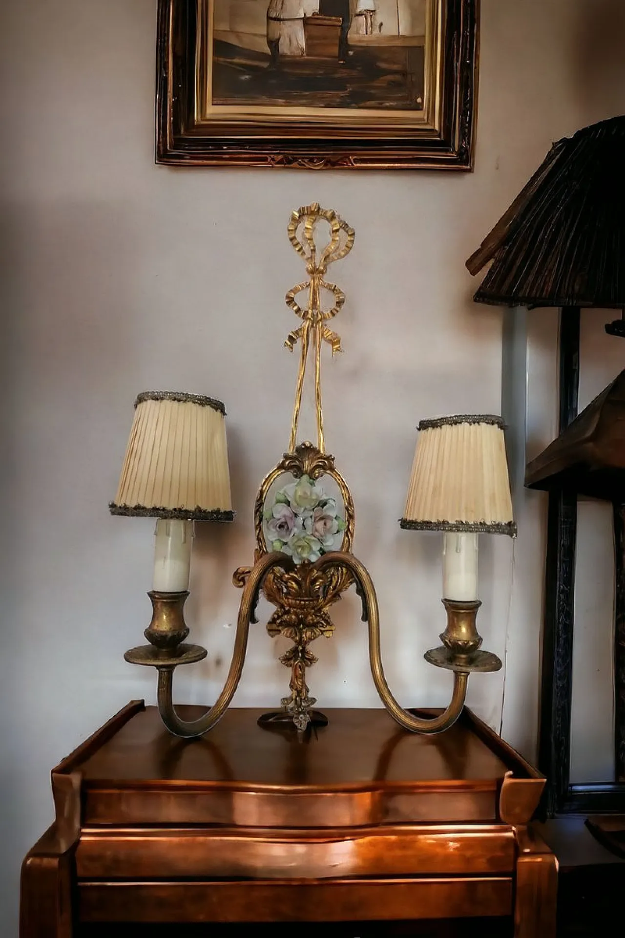 Applique a due braccia con placca in porcellana, anni '20 1