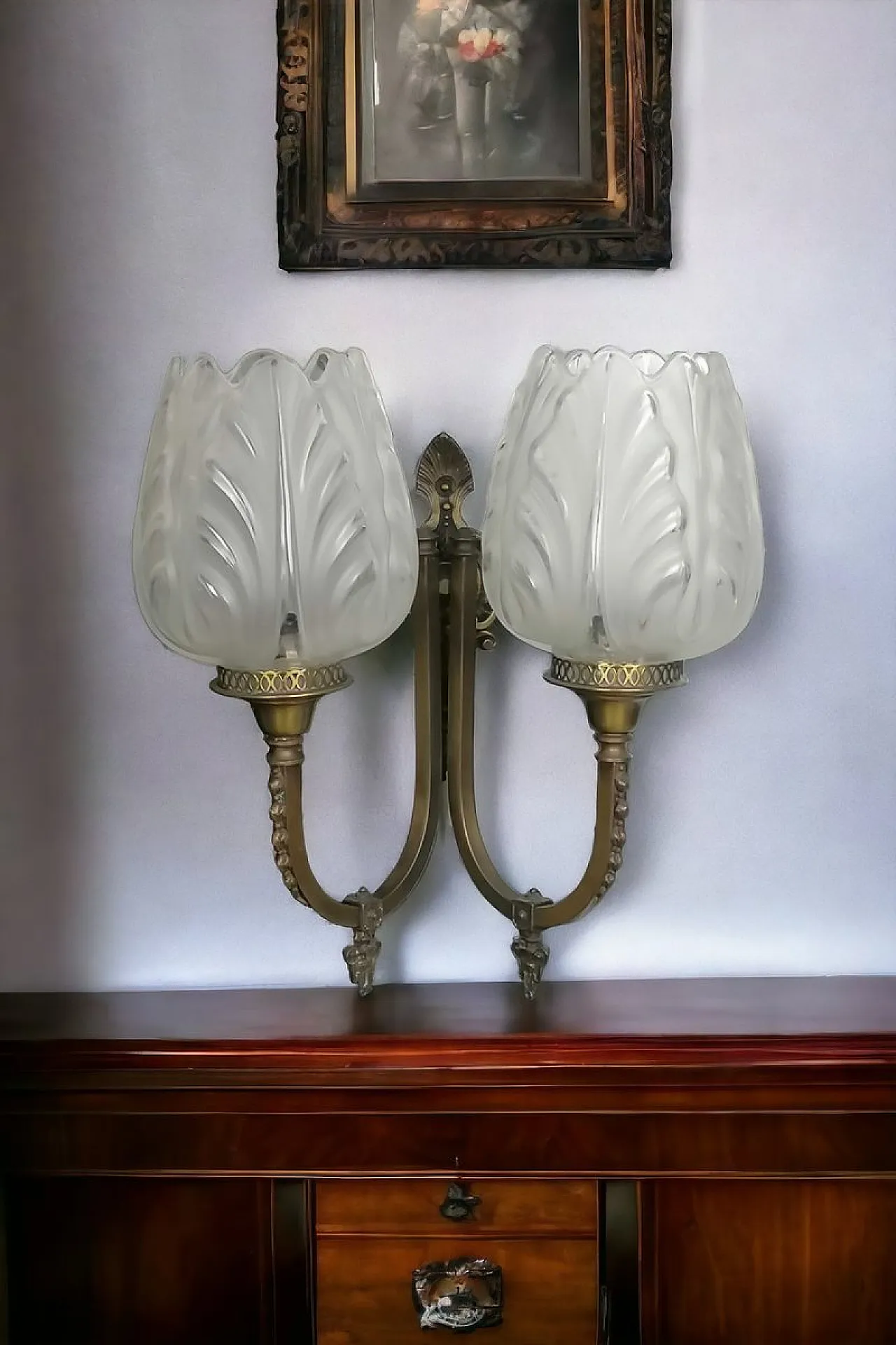 Lampada da parete a 2 braccia in ottone e punti luce a tulipano, '800 1