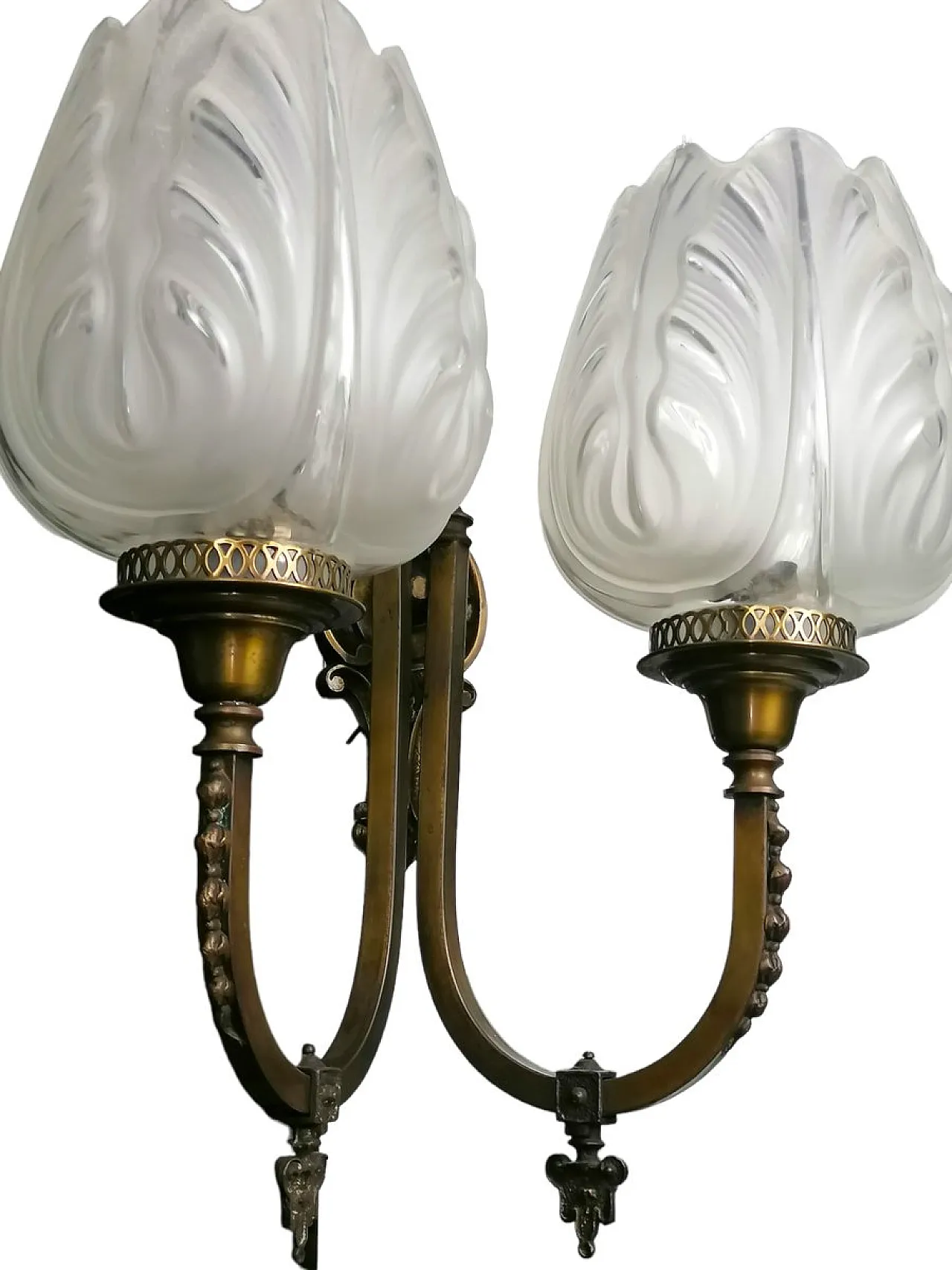 Lampada da parete a 2 braccia in ottone e punti luce a tulipano, '800 7