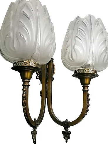 Lampada da parete a 2 braccia in ottone e punti luce a tulipano, '800