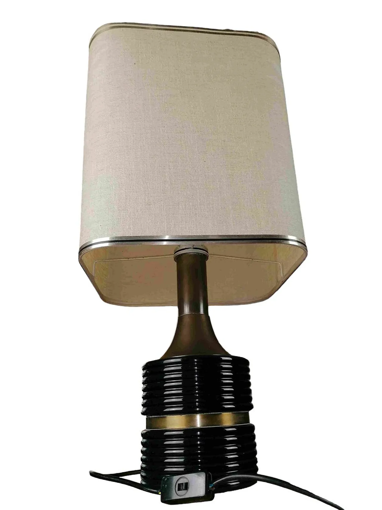 Lampada da tavolo in ottone e alluminio smaltato con paralume in carta laminata, anni '70 4