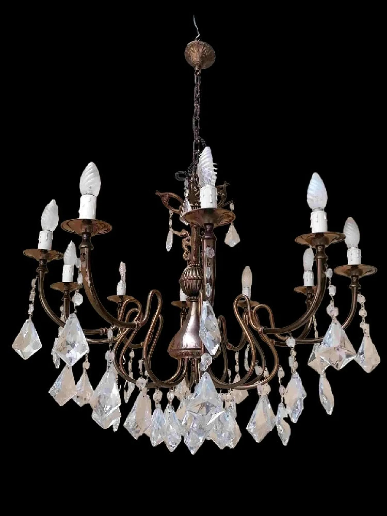 Lampadario cristallo e ottone a 10 luci di Bottega Veneziana, anni '50 2