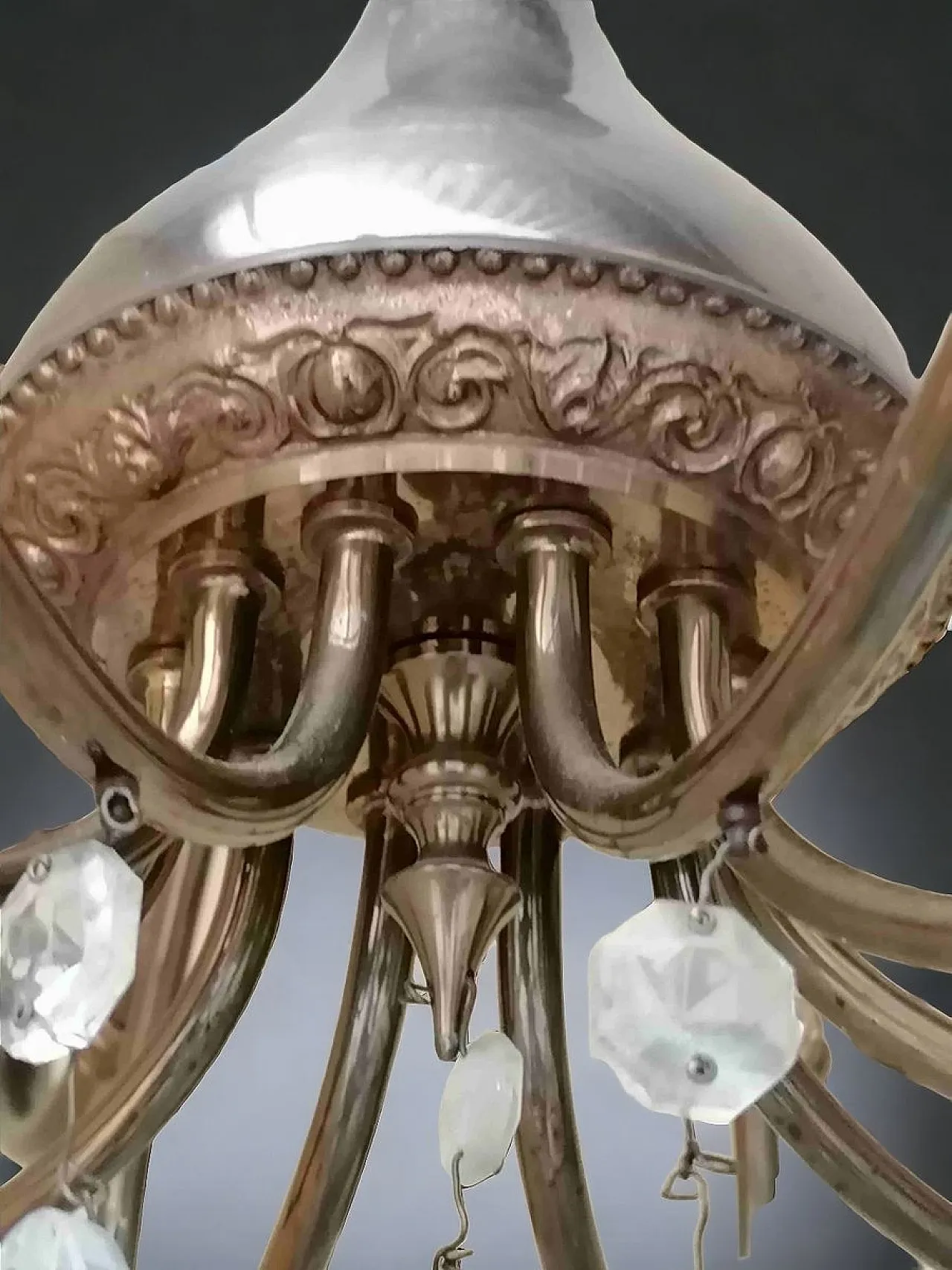 Lampadario cristallo e ottone a 10 luci di Bottega Veneziana, anni '50 3
