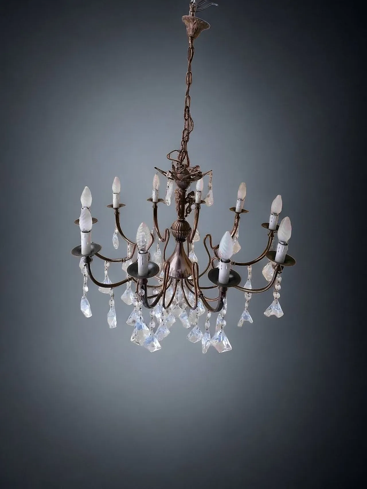 Lampadario cristallo e ottone a 10 luci di Bottega Veneziana, anni '50 6