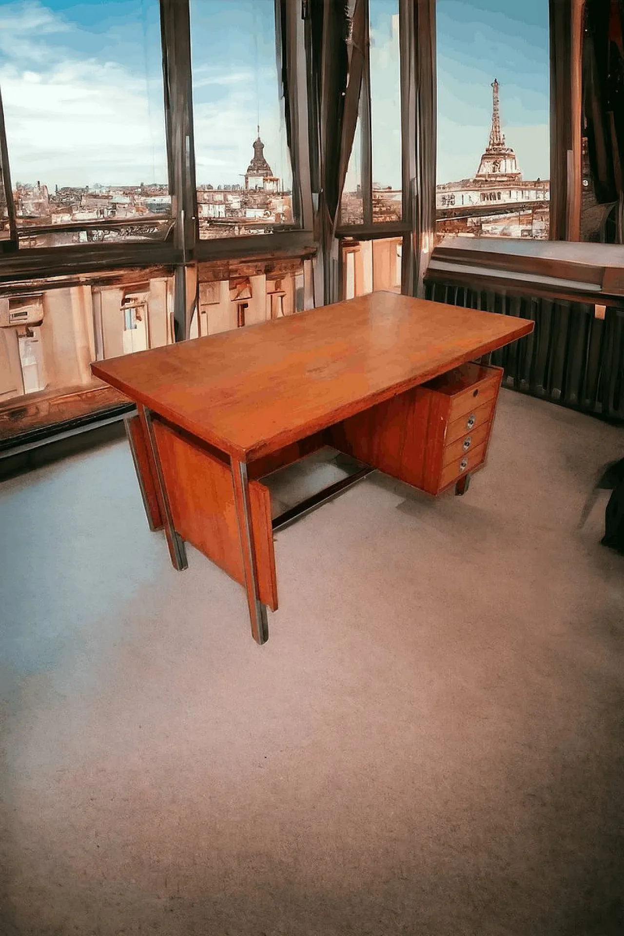 Desk in Veneered Wood, Metal with Leather Finish, 1950s 1