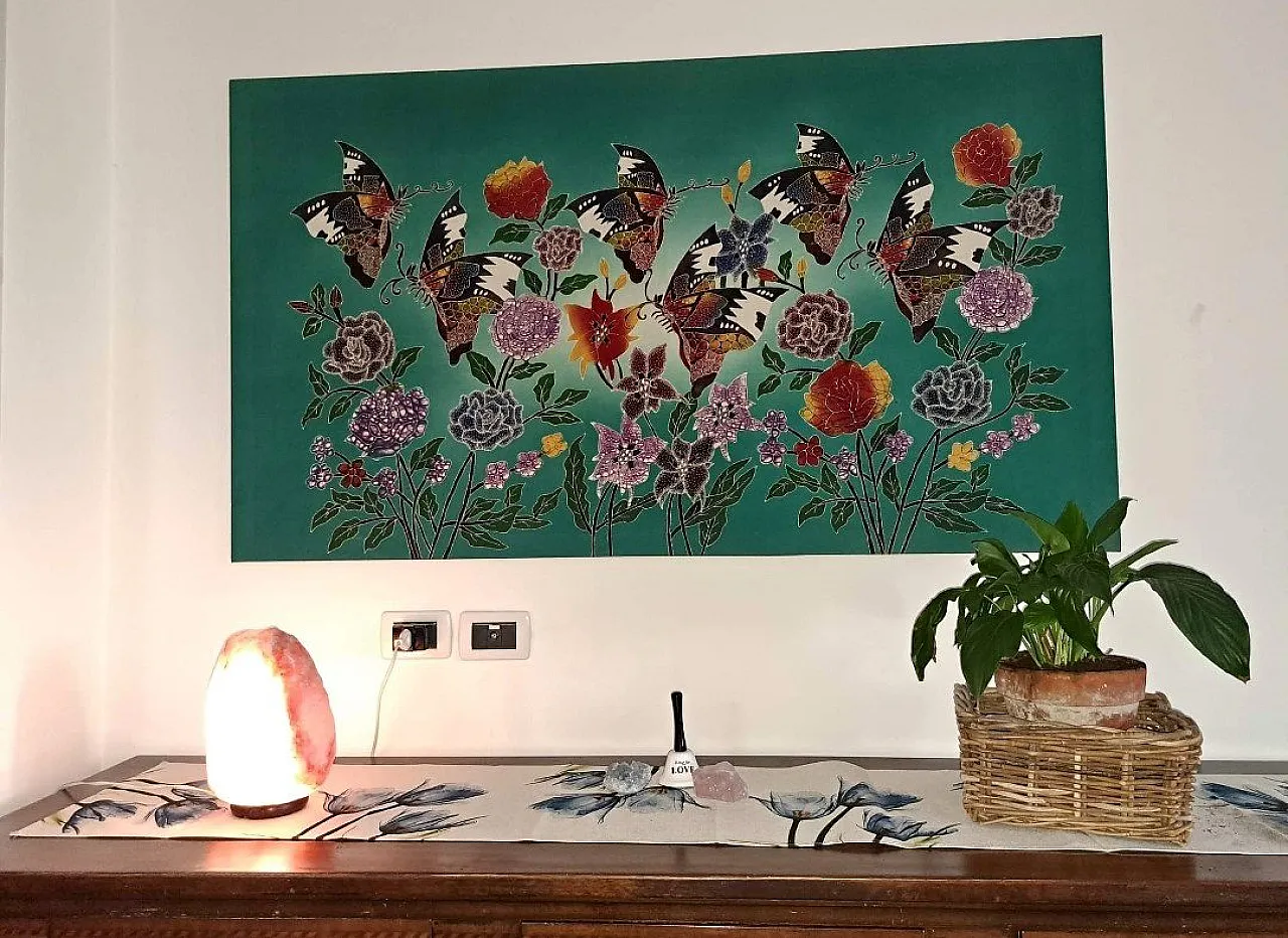 Dipinto batik su seta con motivo farfalle, anni '90 1