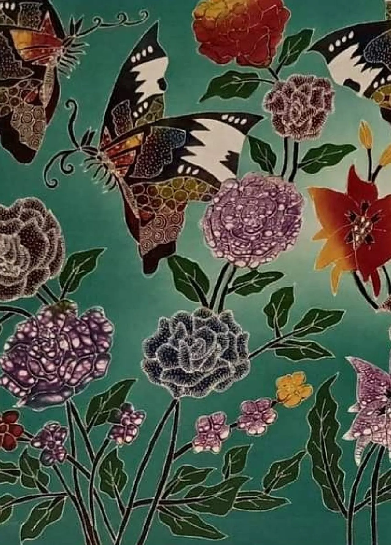 Dipinto batik su seta con motivo farfalle, anni '90 2