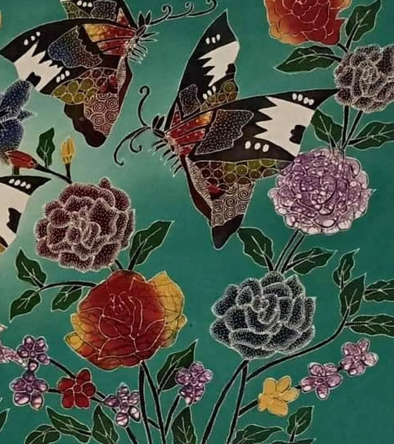 Dipinto batik su seta con motivo farfalle, anni '90 3