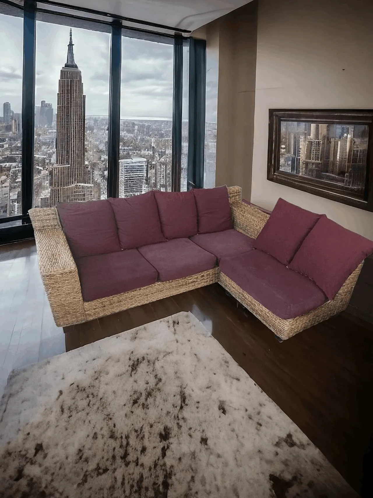 Divano ad angolo con chaise lounge in banana intrecciata, anni '90 1